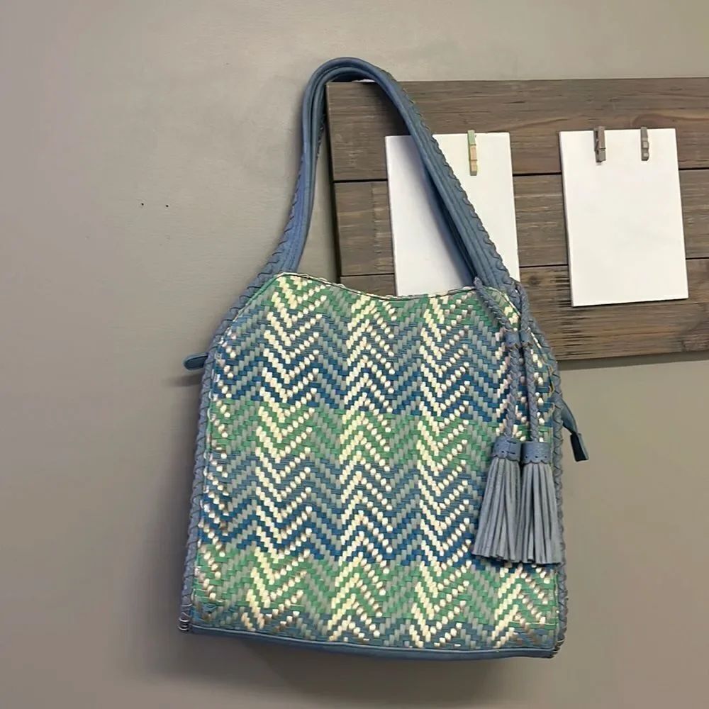 Steven by Steve Madden Blue Basketweave Shoulder Purse w/ Hanging Tassels- large